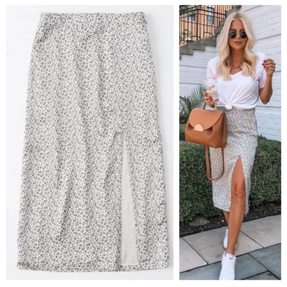 Abercrombie & Fitch White and Gray Leopard Print Midi Skirt